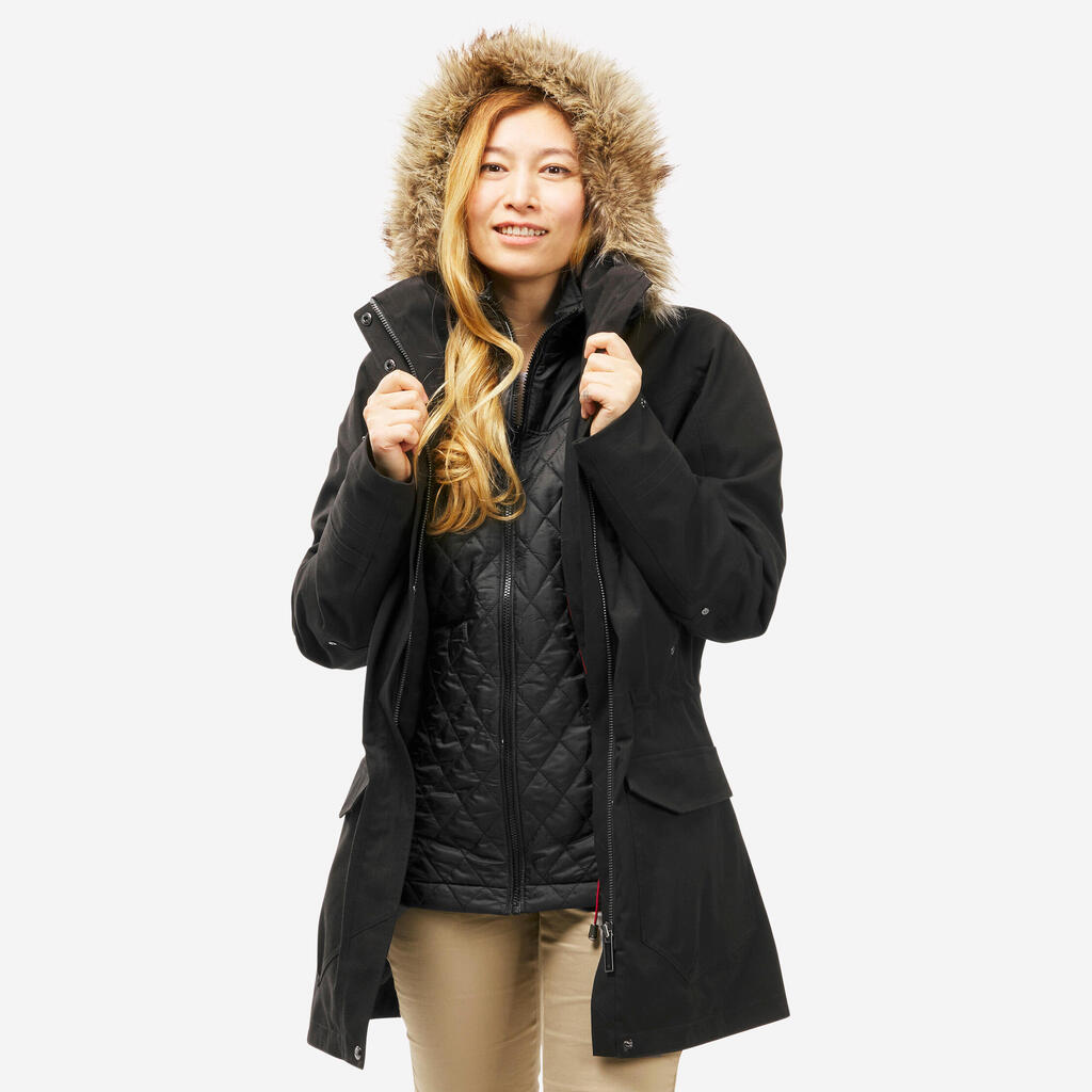 Women's waterproof 3in1 travel trekking jacket - Travel 700 -10° - Black