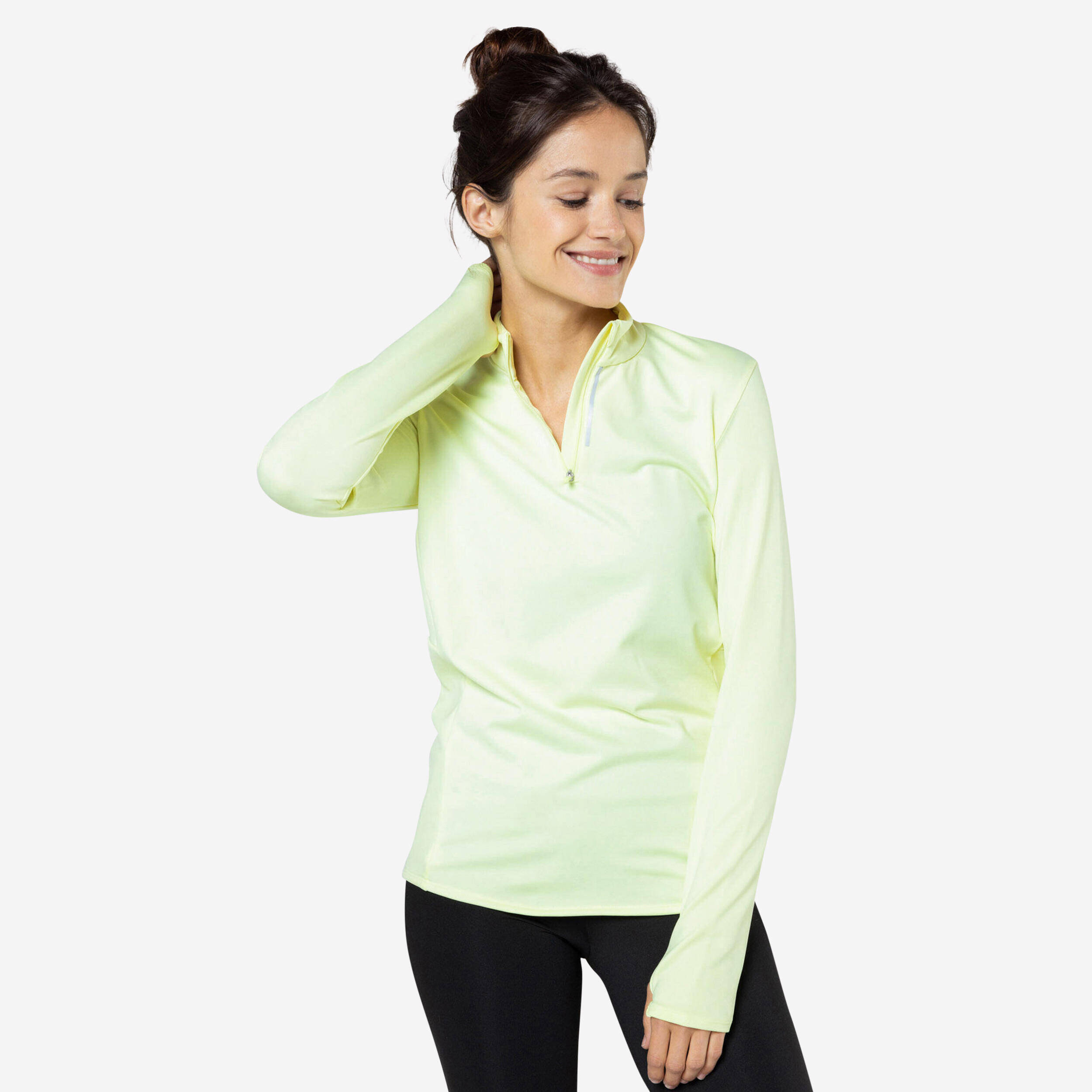 Women's warm long-sleeved running jacket-KIPRUN Run 100 Warm pastel yellow -  1