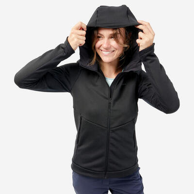 Fleece wandeljas voor dames mh500 met capuchon zwart