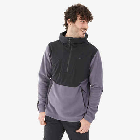 Vijoličasti moški topel pohodniški pulover iz flisa s kapuco MH500 