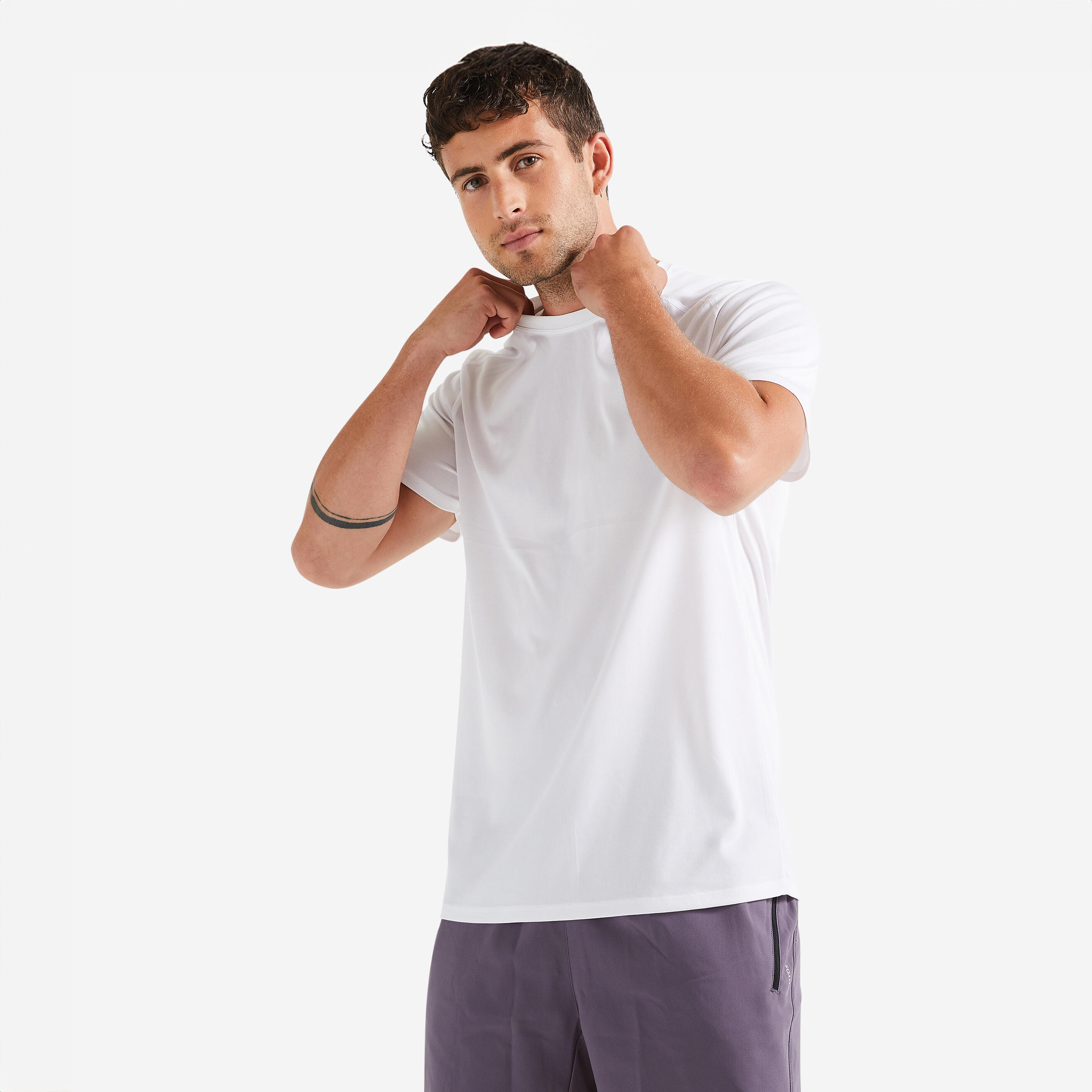 DOMYOS Men's Crew Neck Breathable Essential Fitness T-Shirt - Plain White