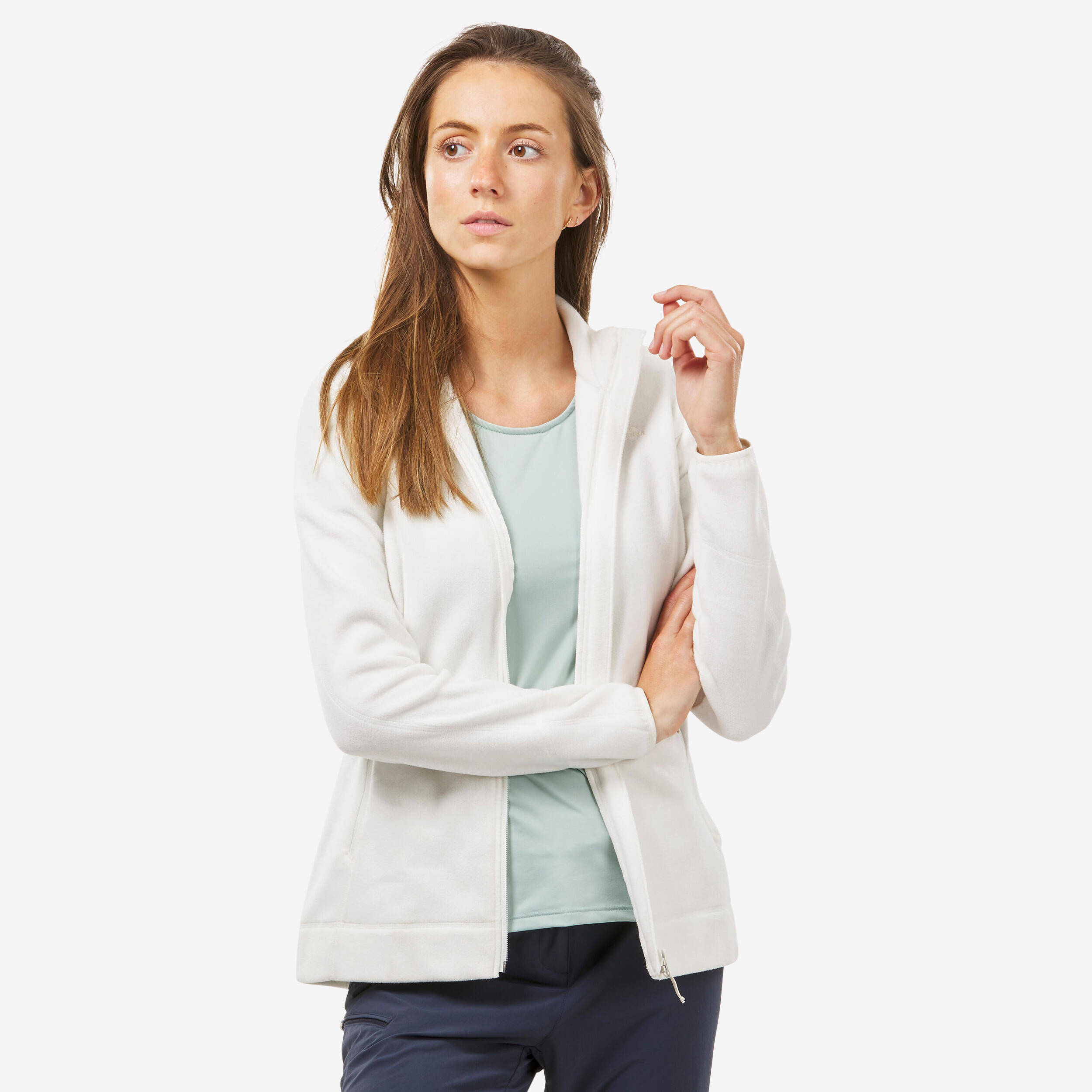 Women Sweater Full-Zip Fleece for Hiking MH100 White -  1