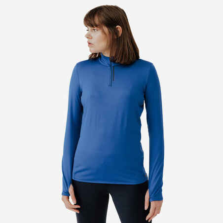 T-shirt manches longues chaud running femme - Zip warm bleu foncé