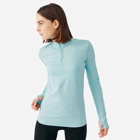Majica dugih rukava za trčanje Run Warm sa zatvaračem na ovratniku ženska svijetloplava