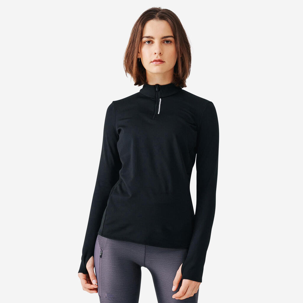 T-shirt manches longues chaud running femme - Zip warm bleu clair