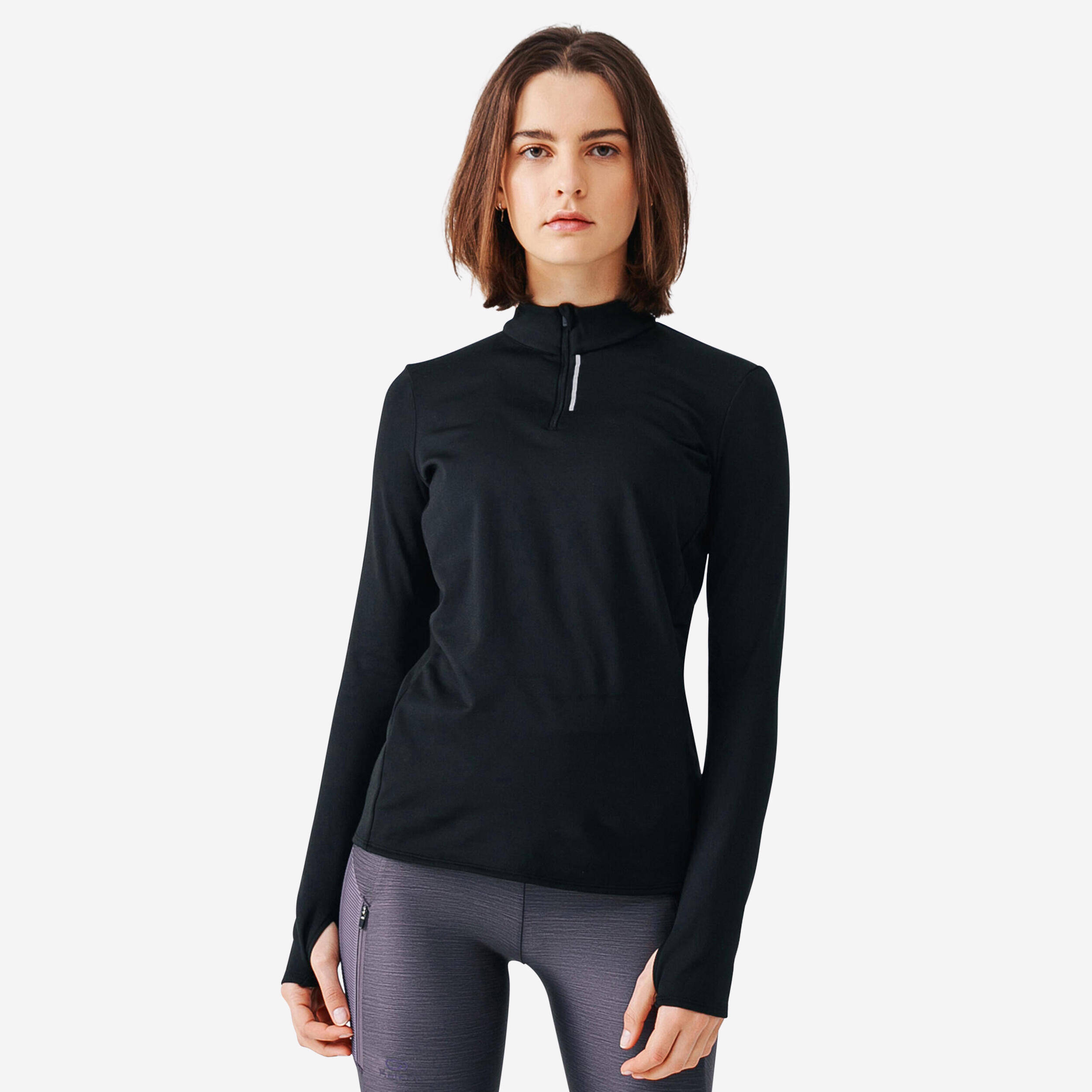 Women's Long-Sleeved T-Shirt Half-Zip Run Warm - black -  1