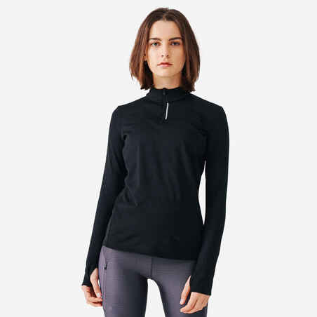 Črna ženska tekaška majica z dolgimi rokavi RUN WARM