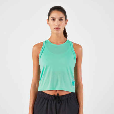 Playera de running transpirable corta y sin mangas verde para mujer Run 500