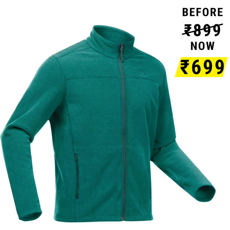 Men Sweater Full-Zip Fleece for Hiking MH120 Green