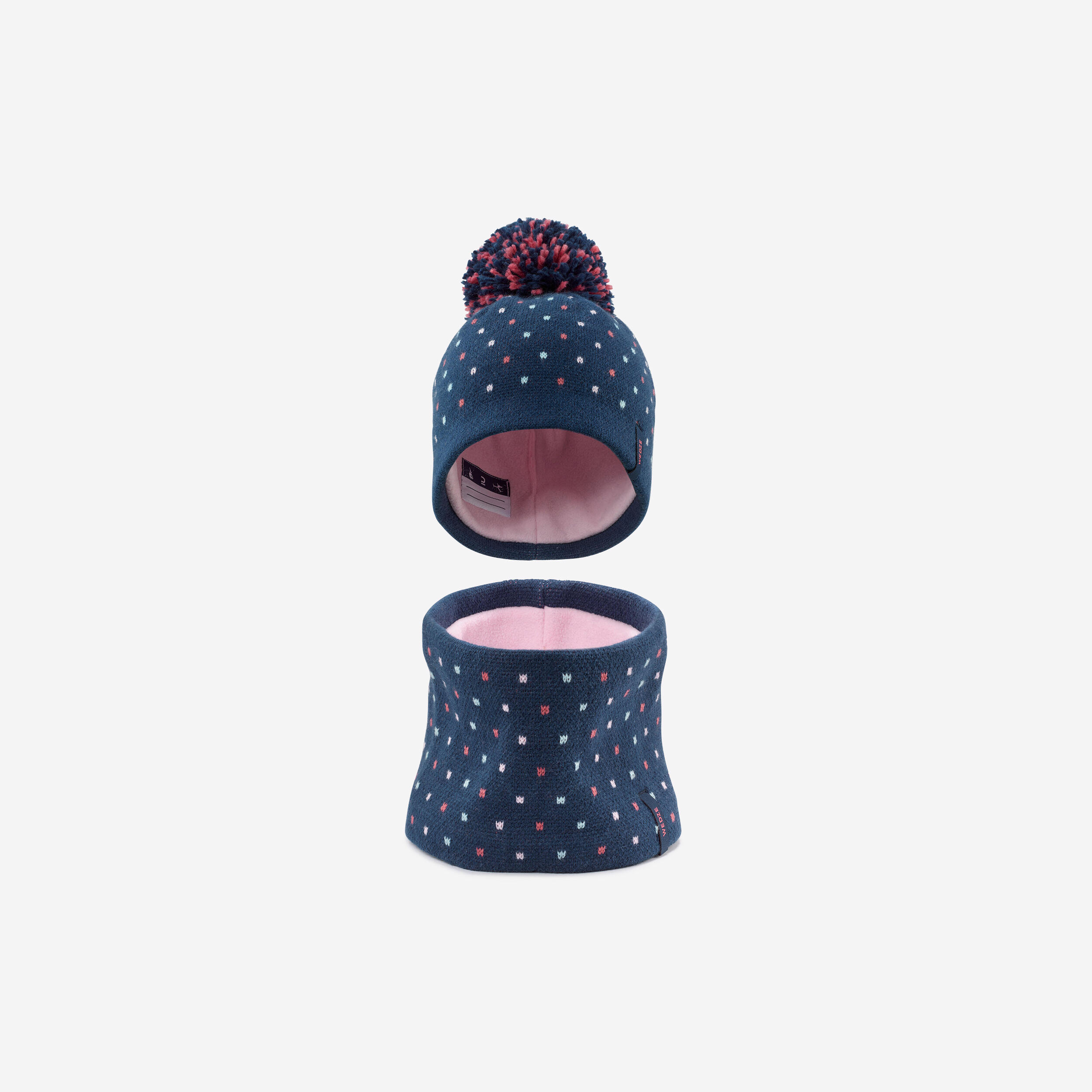WEDZE Baby Ski/Sledge Hat and Snood - WARM Navy Blue and Pink Spots