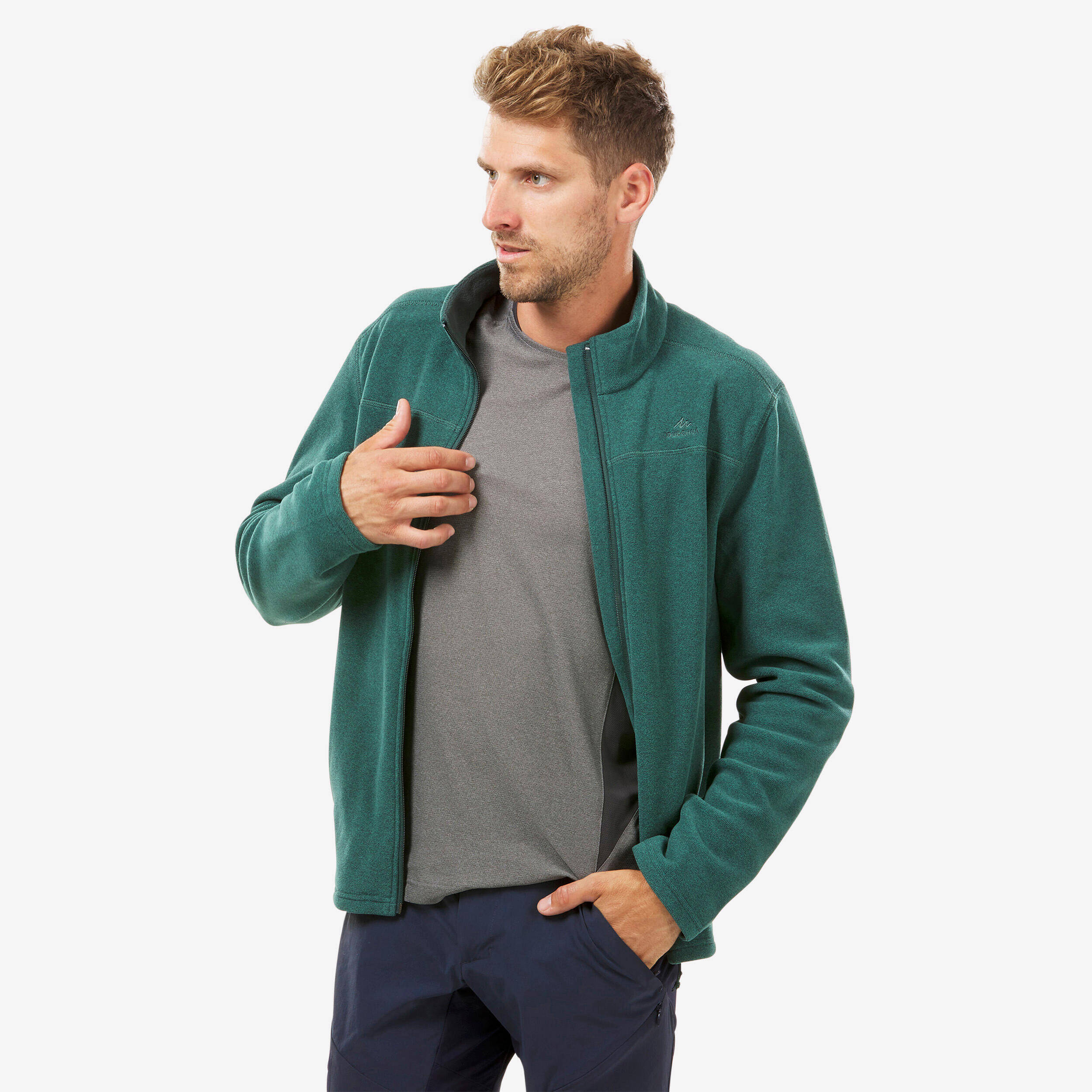 Men Sweater Full-Zip Fleece for Hiking MH120 Green