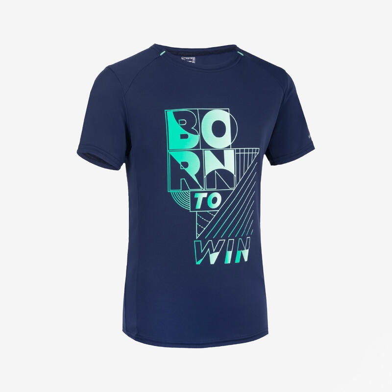 T-Shirt Respirável de Corrida Criança KIPRUN Dry+ 500 Azul Marinho/Verde