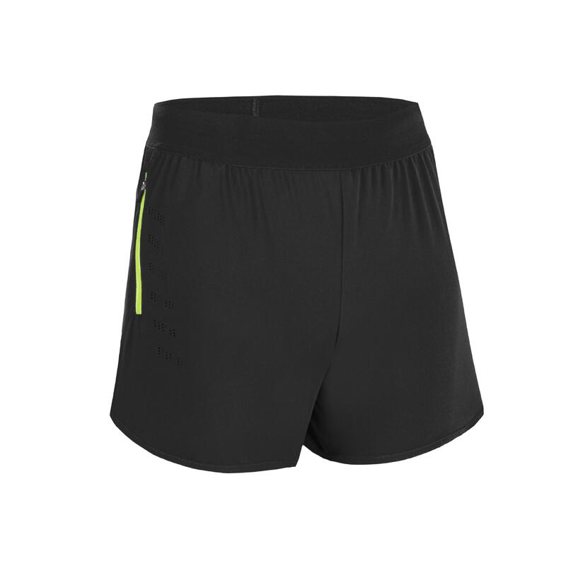 Short de running respirant Enfant - KIPRUN DRY+ 900 noir et jaune fluo