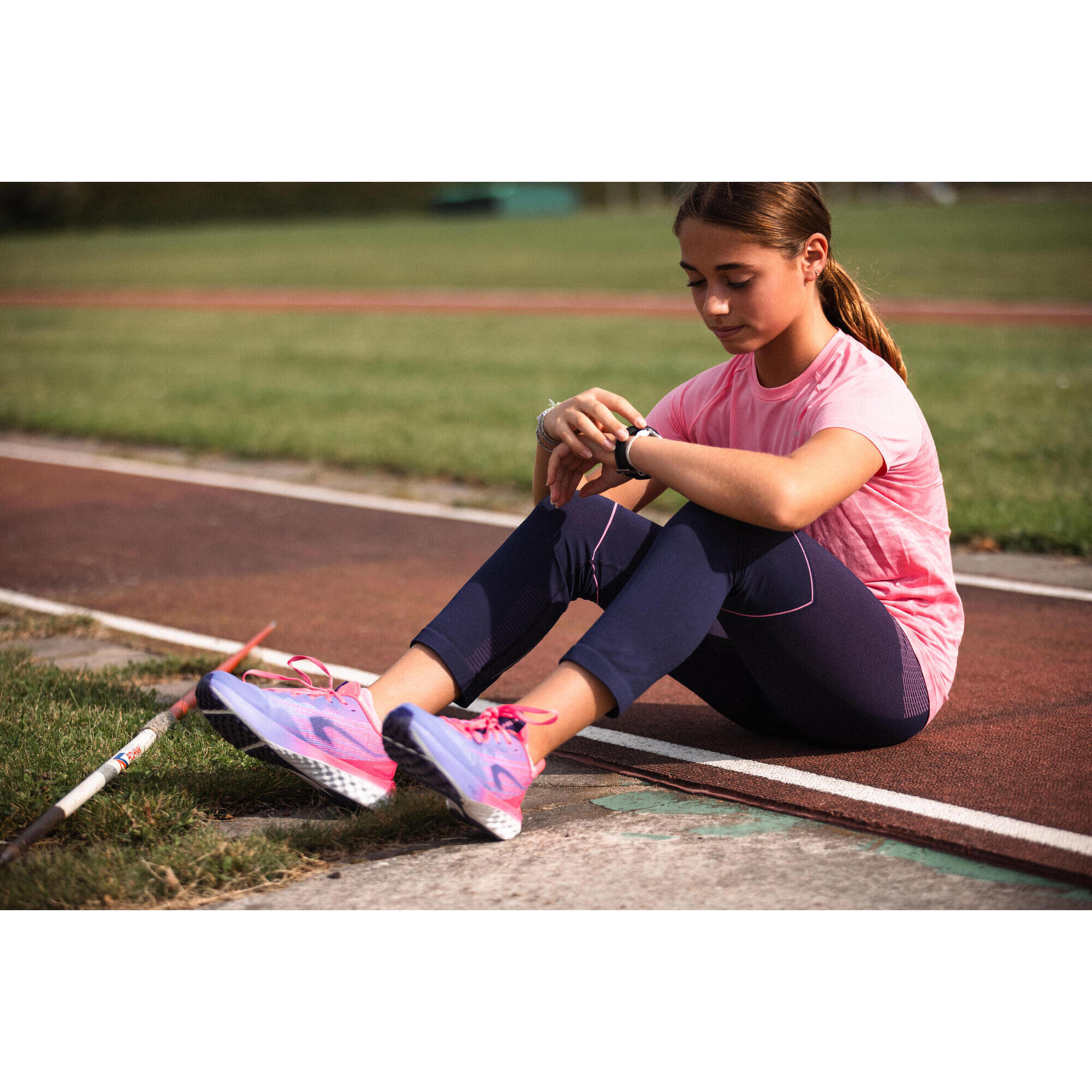 Girls' running pants - KIPRUN Confort 500 navy and pink