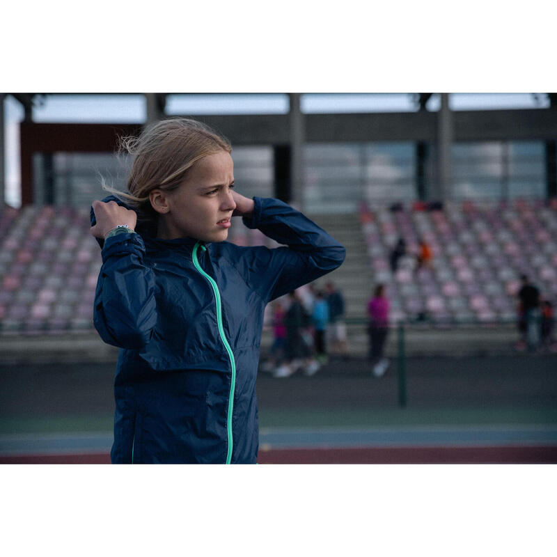 Windjack met capuchon voor hardlopen voor kinderen marineblauw/groen