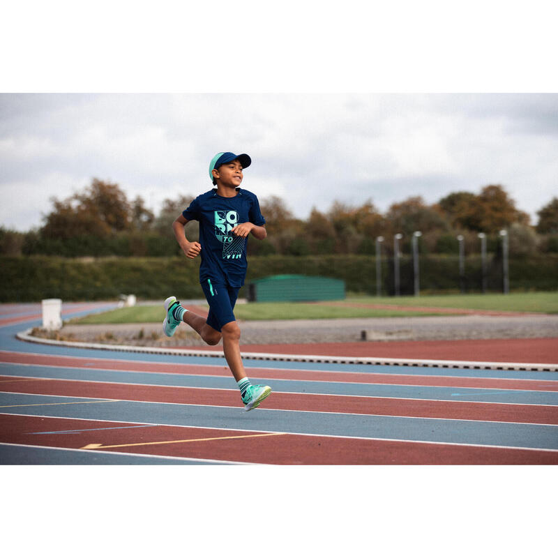 T-Shirt Respirável de Corrida Criança KIPRUN Dry+ 500 Azul Marinho/Verde