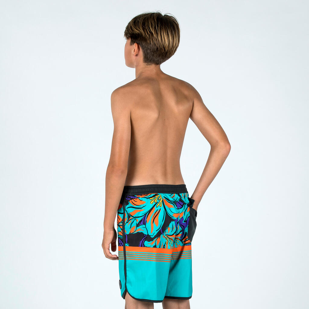 Boy's swim shorts - 500 brush lines blue