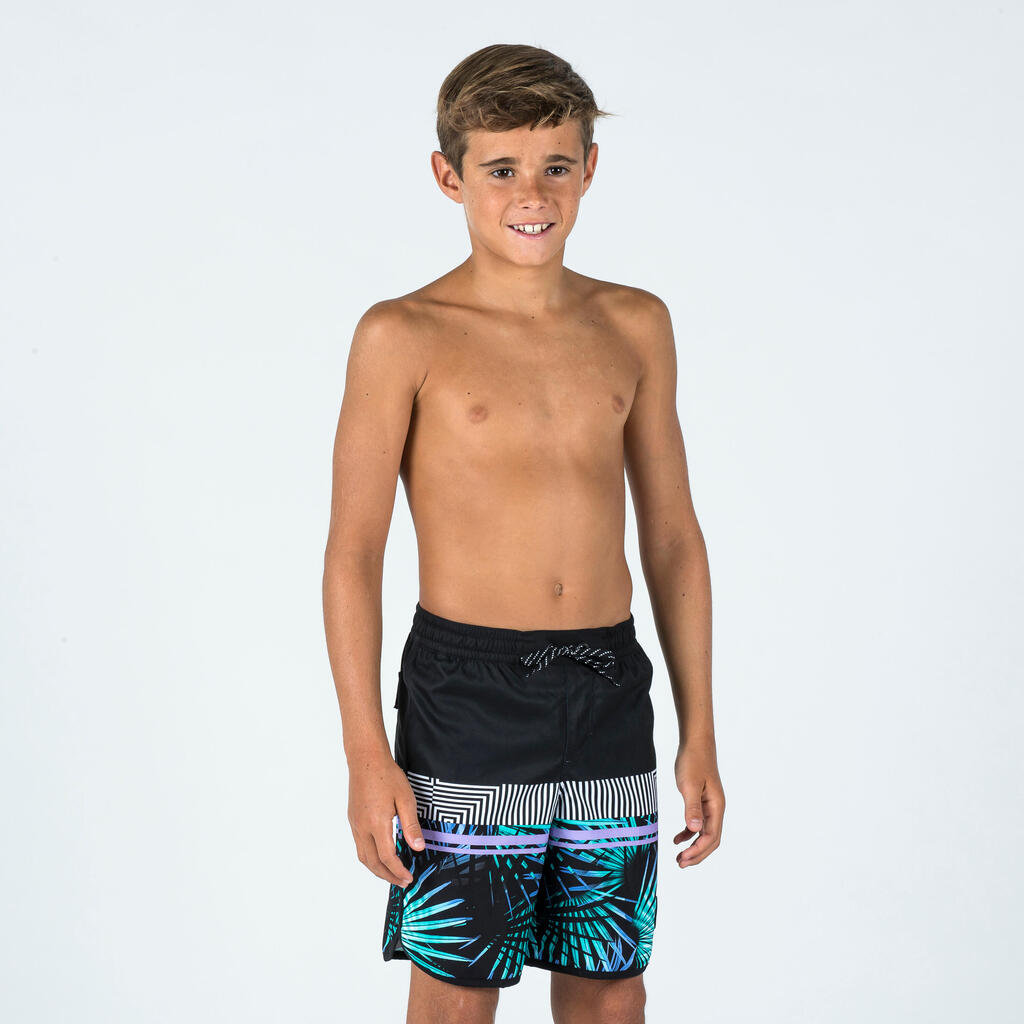 Boy's swim shorts - 500 brush lines blue