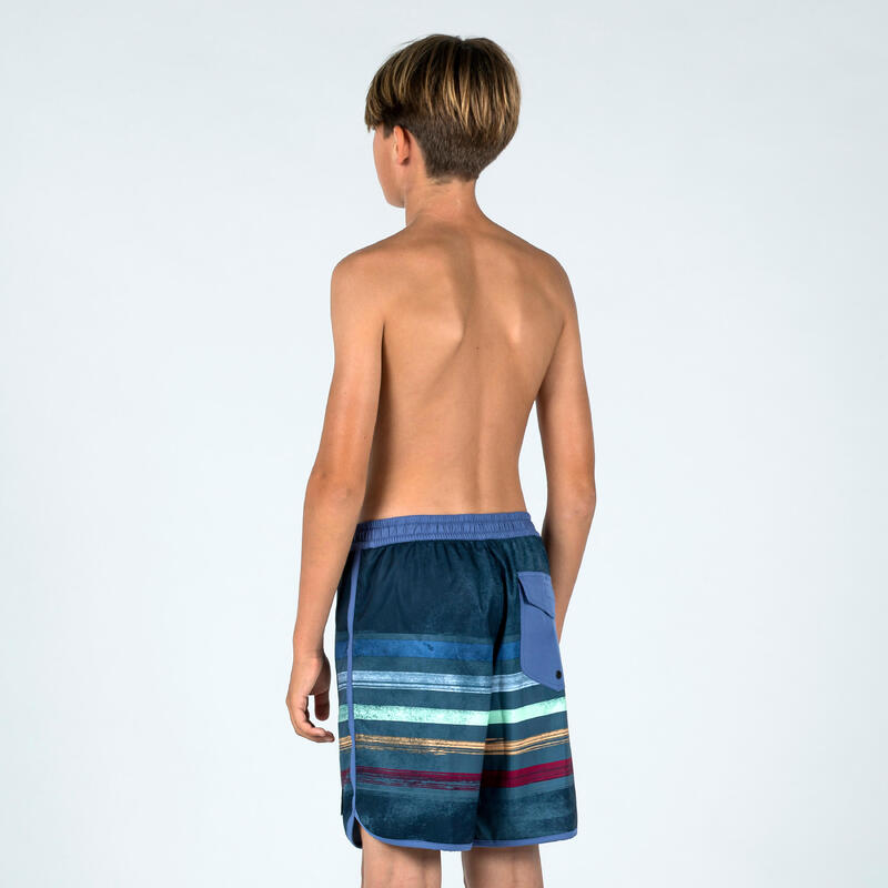 Boardshort jongens 500 Brush lines blauw