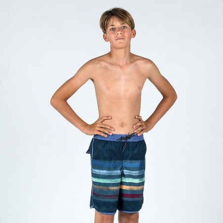 Boy's swim shorts - 500 brush lines blue