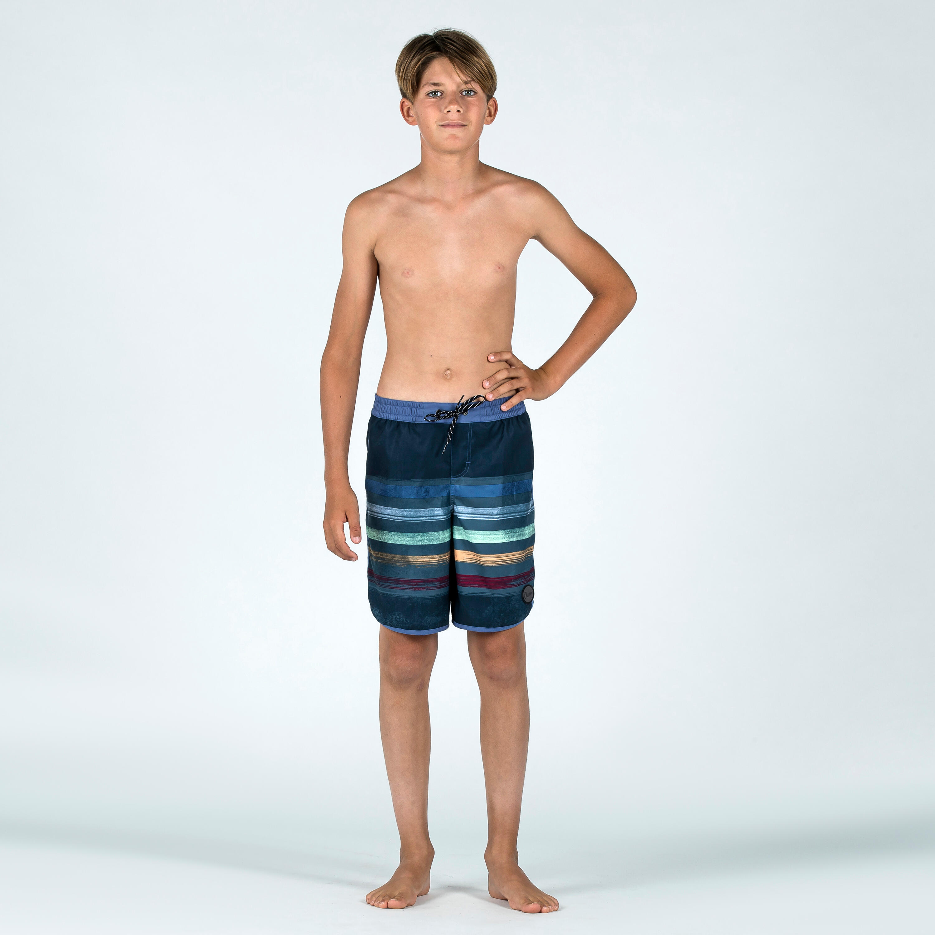 Boy's swim shorts - 500 brush lines blue 6/6
