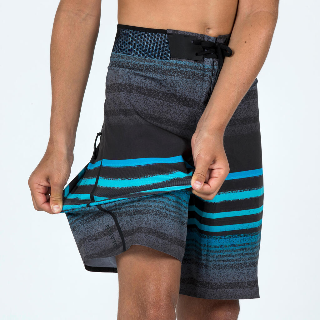 Bermuda de surf negro con azul de rayas para niños 900