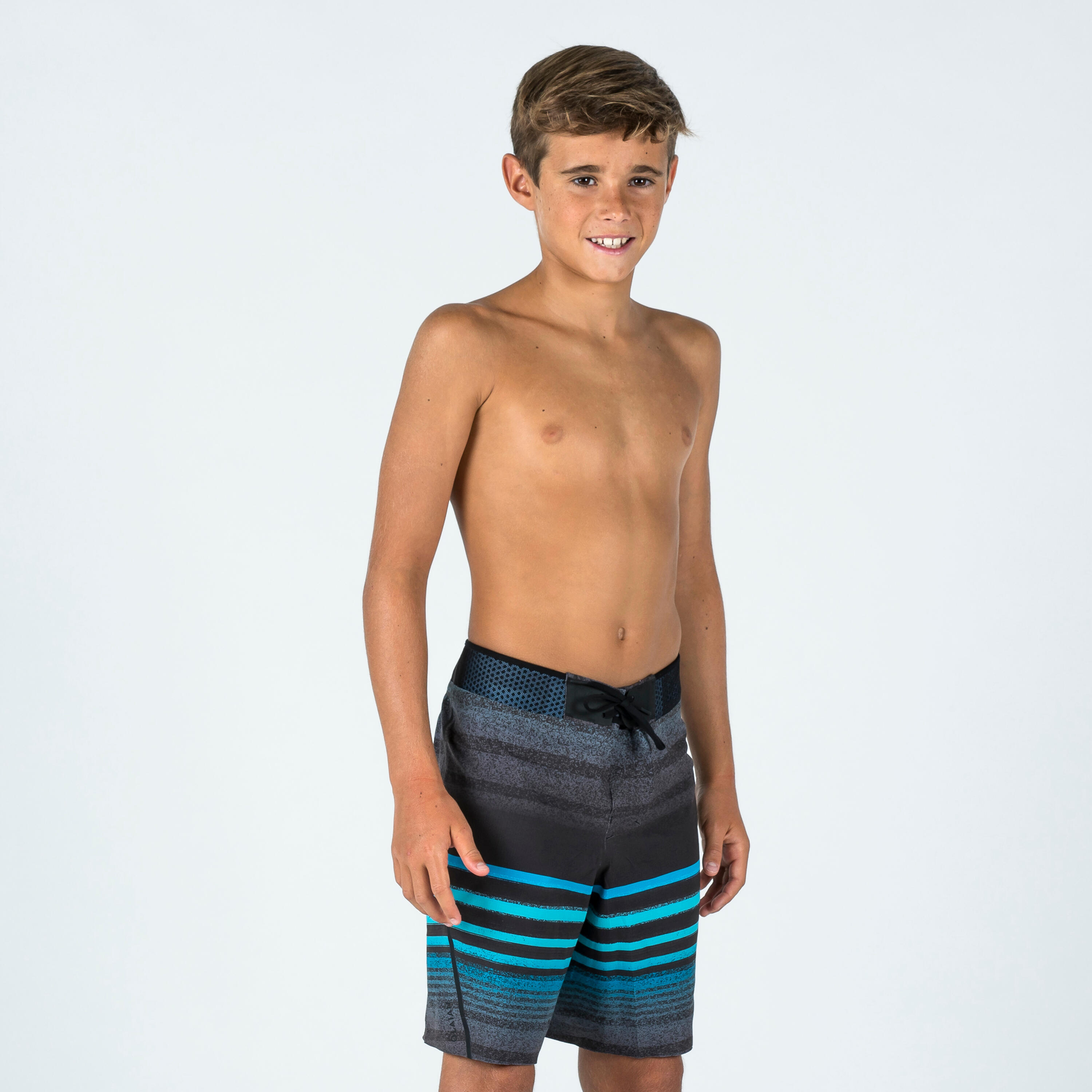 Olaian - Short De Bain Garçon - 900 Rayé Noir Bleu - Boardshort - Surf Bodyboard Ski Nautique - Bleu - 12 À 14 Ans - Decathlon