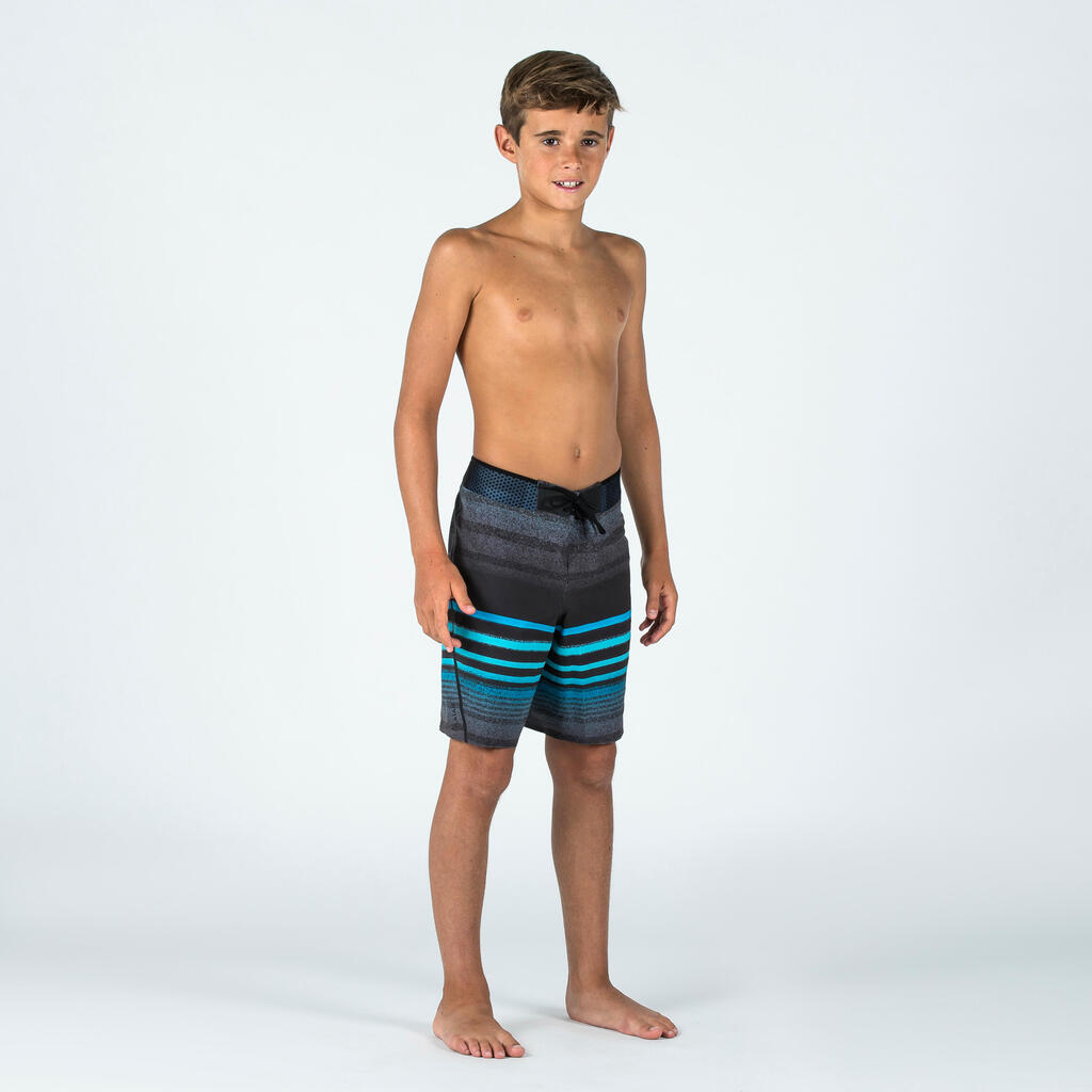Bermuda de surf negro con azul de rayas para niños 900