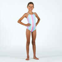 Girl's 1-piece striped swimsuit - 100 Hanalei blue pink