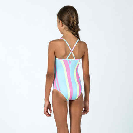 Girl's 1-piece striped swimsuit - 100 Hanalei blue pink