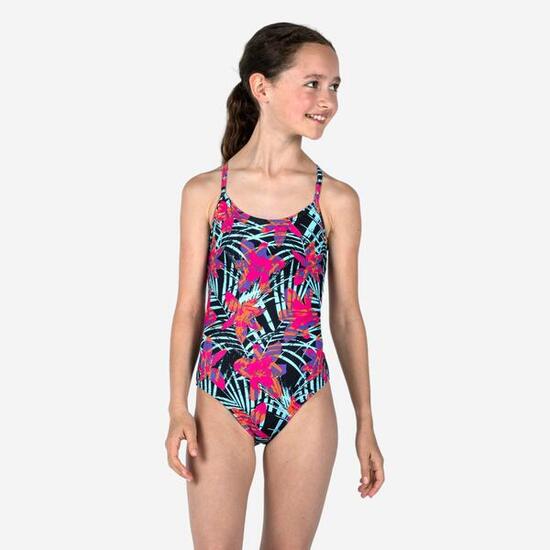 Maillot de bain 1 pièce Fille - 100 Hiloe tropical party rose