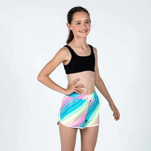 
      Girl's swim shorts - 100 Katy rainbow stripes turquoise
  