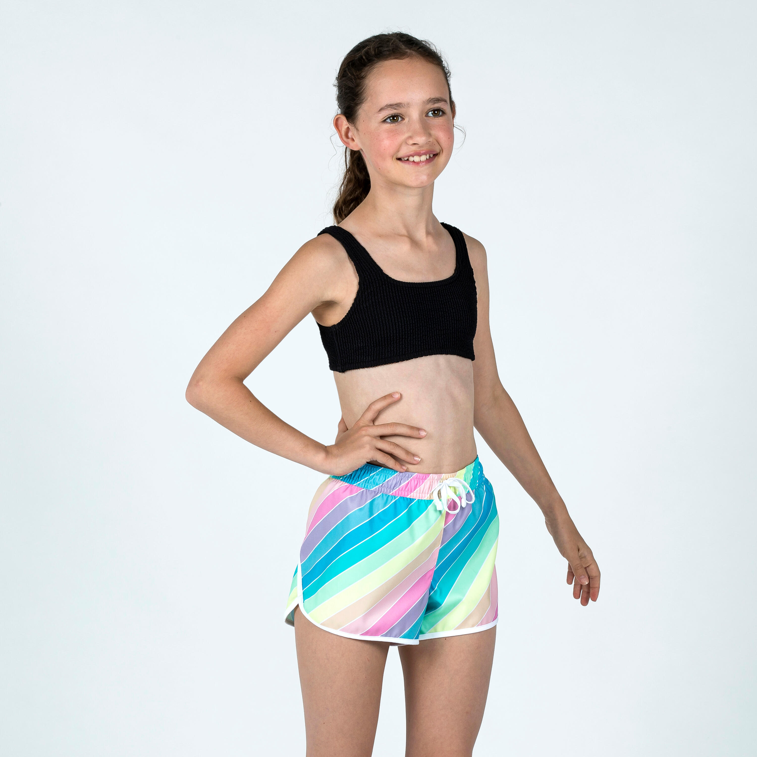 Girl's swim shorts - 100 Katy rainbow stripes turquoise 1/4