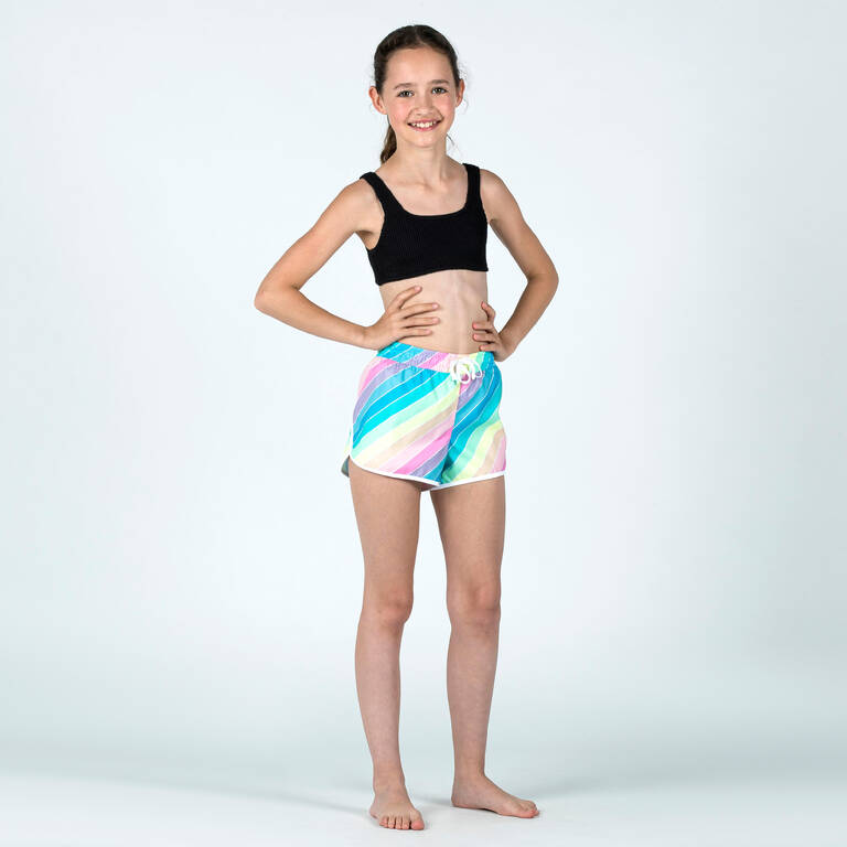 Girl's swim shorts - 100 Katy rainbow stripes turquoise