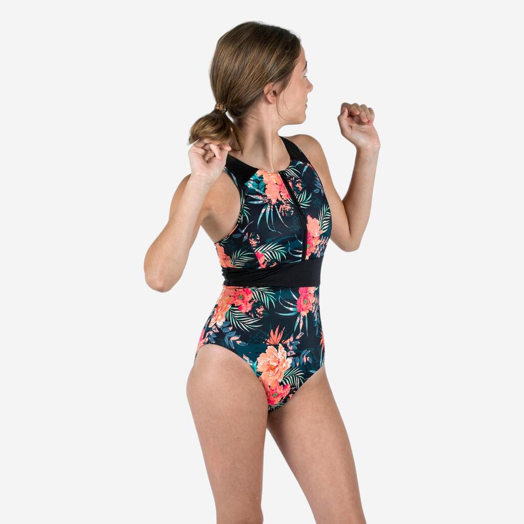 Girl’s 1-piece surf swimsuit Y-back front zip - 900 Calysta shiso black shiso