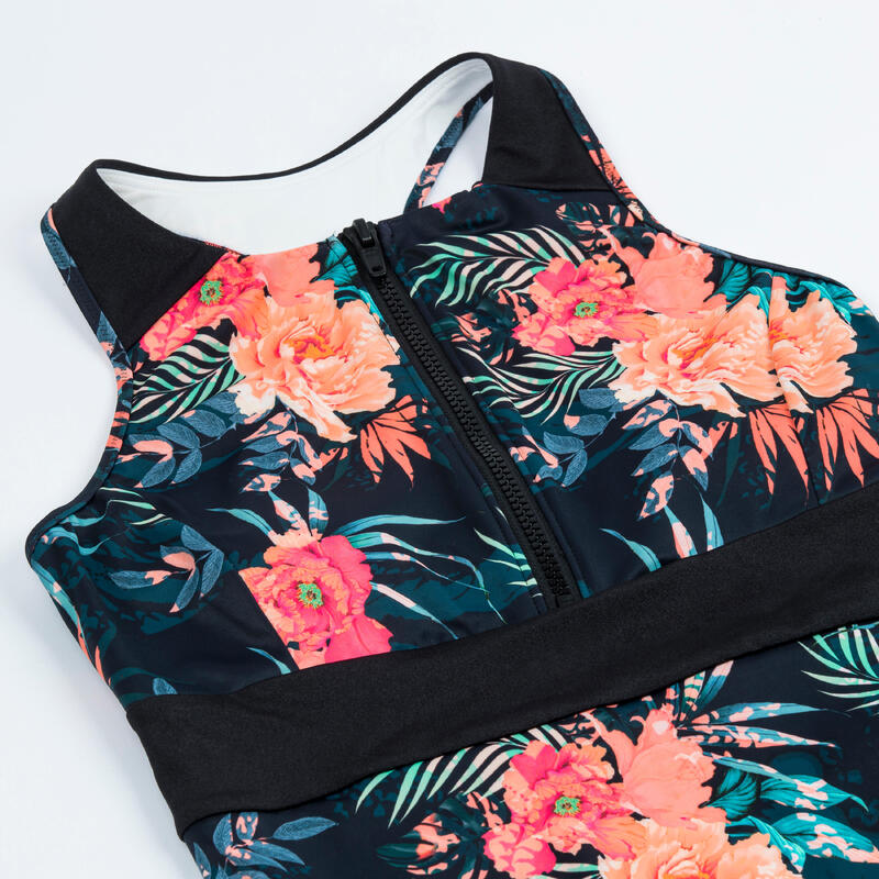 Maillot 1 pièce surf dos Y zip avant fille - 900 Calysta shiso noir shiso