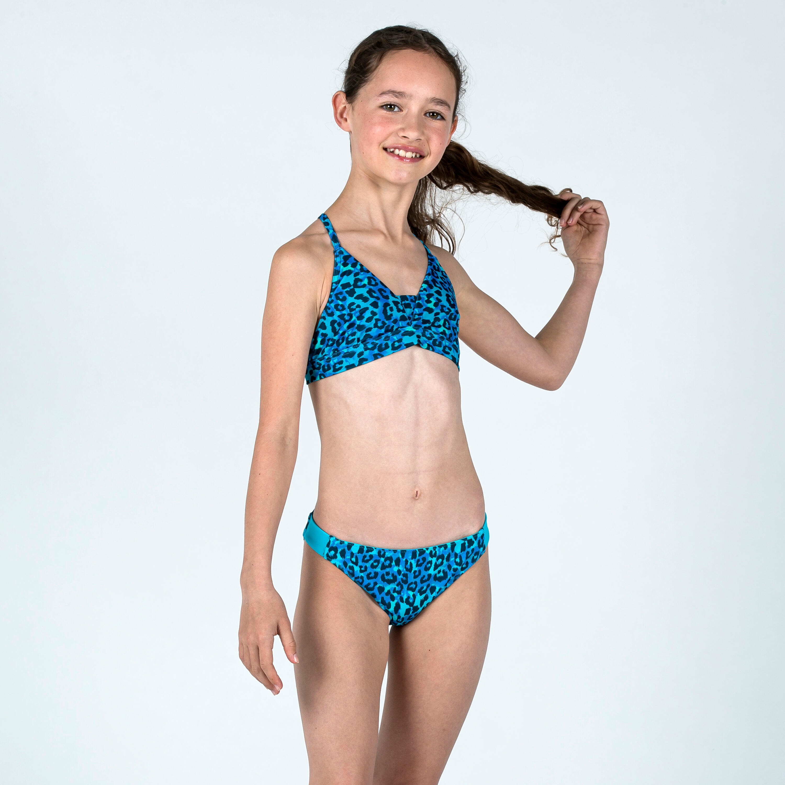 Girl's triangular swimsuit top - 500 Lizy leopard blue 2/5