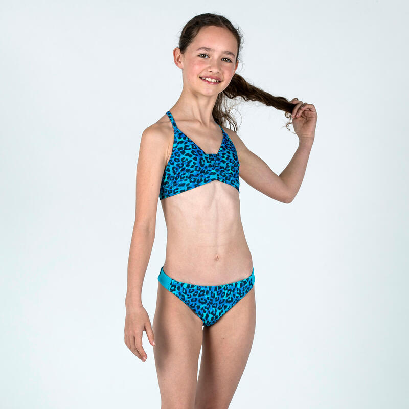 Bas de maillot de bain réversible Fille - 500 Bella léopard bleu