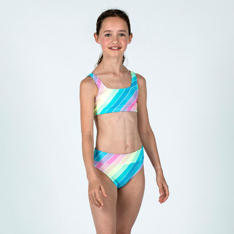Bikinitop voor meisjes 500 gestructureerde stof Lana rainbow stripes turquoise