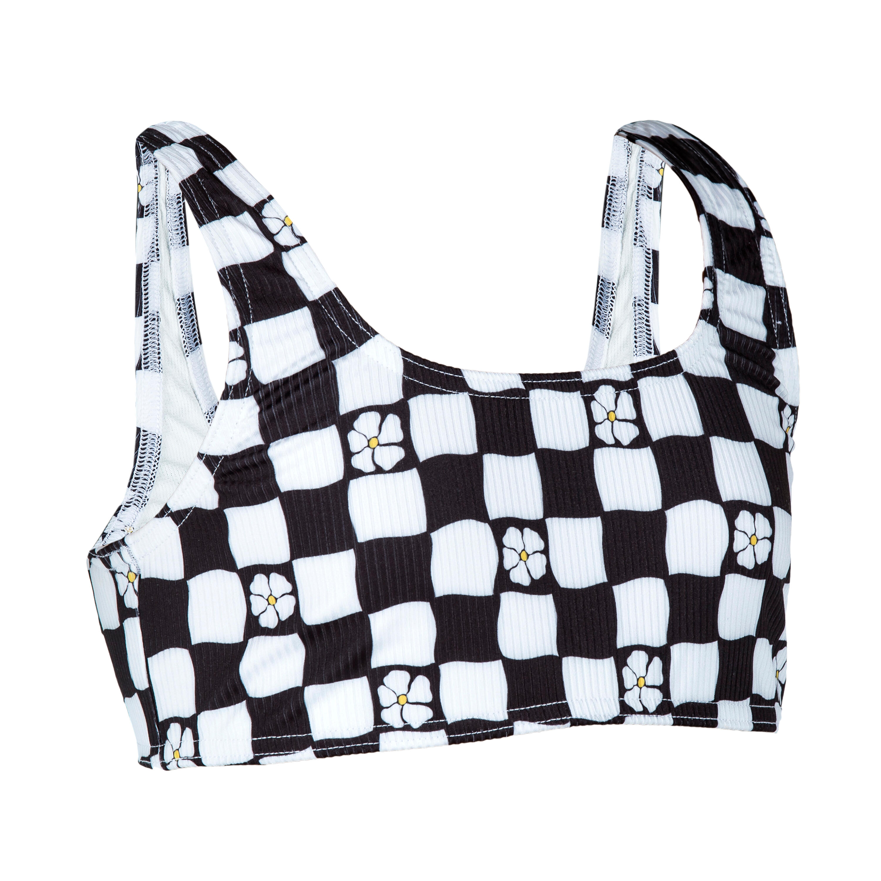 Top per costume da bagno con reggiseno testurizzato per bambina - 500 Lana checkerboard black