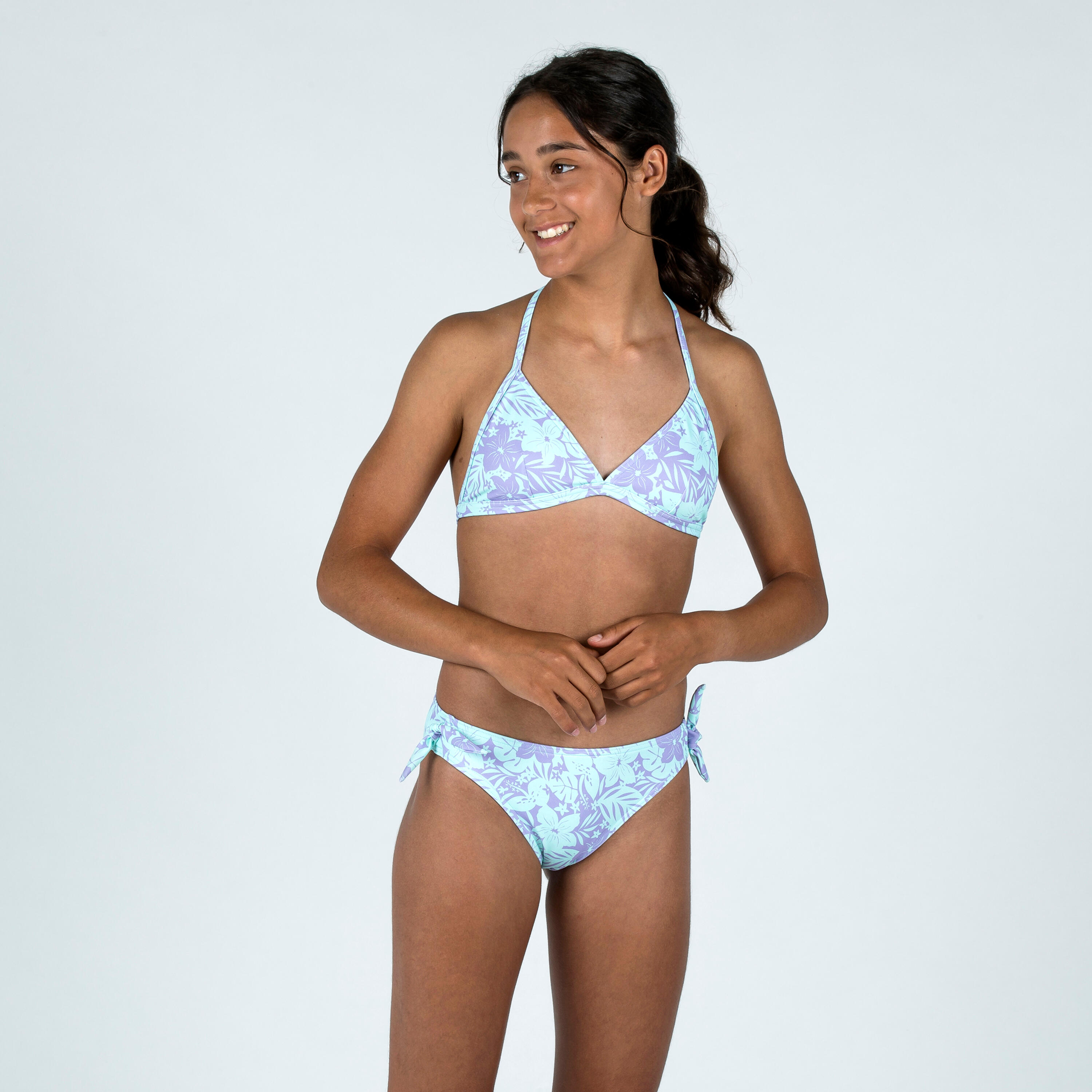 OLAIAN Girl's 2-piece swimsuit - 100 Tania tropical purple blue