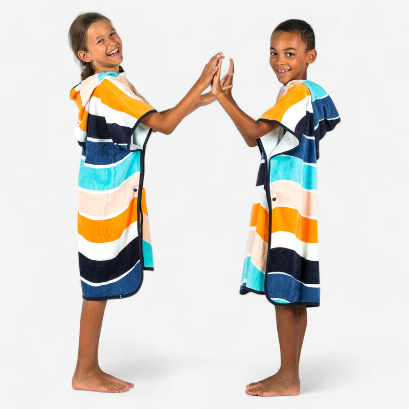 Surfponcho voor kinderen van 110 tot 135 cm 500 Wavy oranje blauw