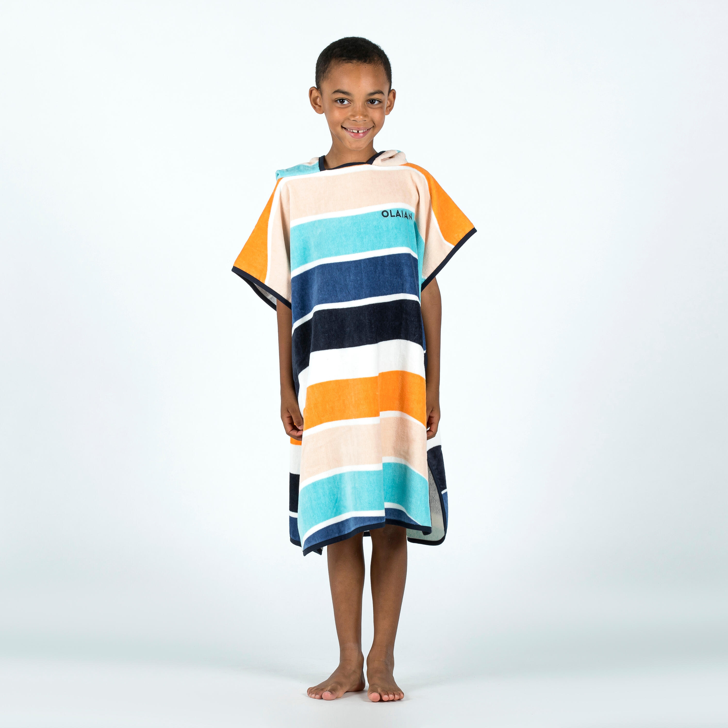 Children's surf poncho 110 to 135 cm - 500 Wavy orange blue