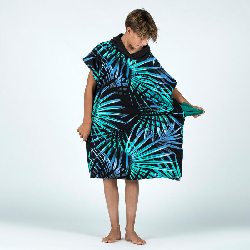 Kinderponcho voor surfen Lumi palm turquoise 135 tot 160 cm
