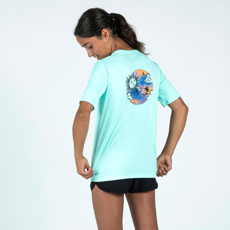 Uv-werend zwemshirt met korte mouwen voor kinderen 100 Sunset vibes turquoise
