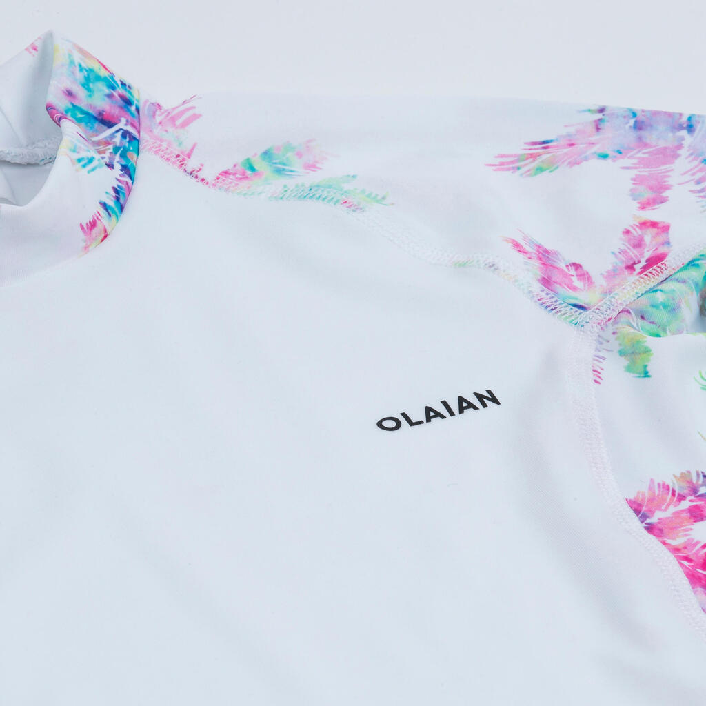 Meiteņu UV aizsardzības īspiedurkņu T krekls “500”, balts/palmu