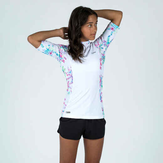 
      Dievčenské tričko 500 Palm proti UV žiareniu s krátkym rukávom na surf biele
  