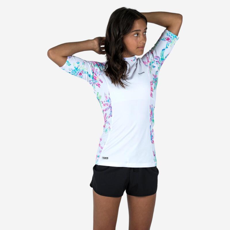 Uv-werende rashguard met korte mouwen voor meisjes 500 Palm wit