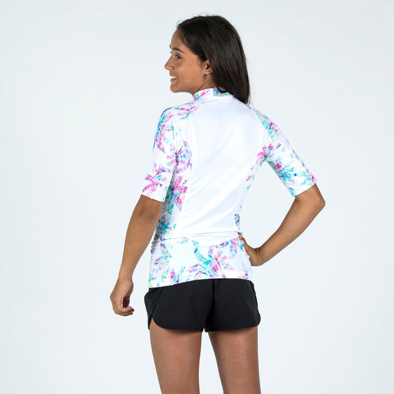 Uv-werende rashguard met korte mouwen voor meisjes 500 Palm wit