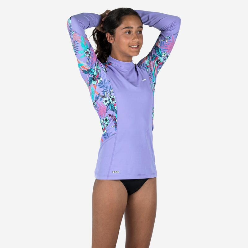 Uv-werende rashguard met lange mouwen voor meisjes 500 Orchid paars